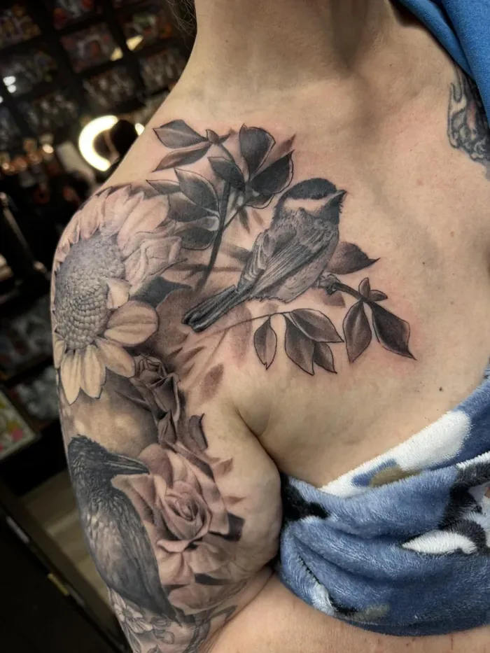 Black and Grey Floral Chest Piece