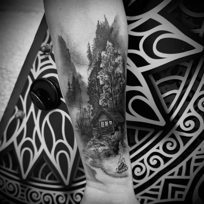 Black and Grey Cabin Landscape